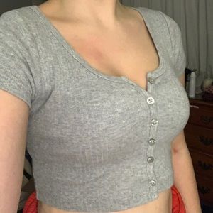 Grey button down short sleeve crop top